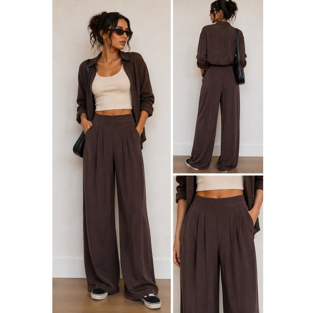 Industry Republic Clothing Brown Wide Leg Pleated High Waist Trousers Size M